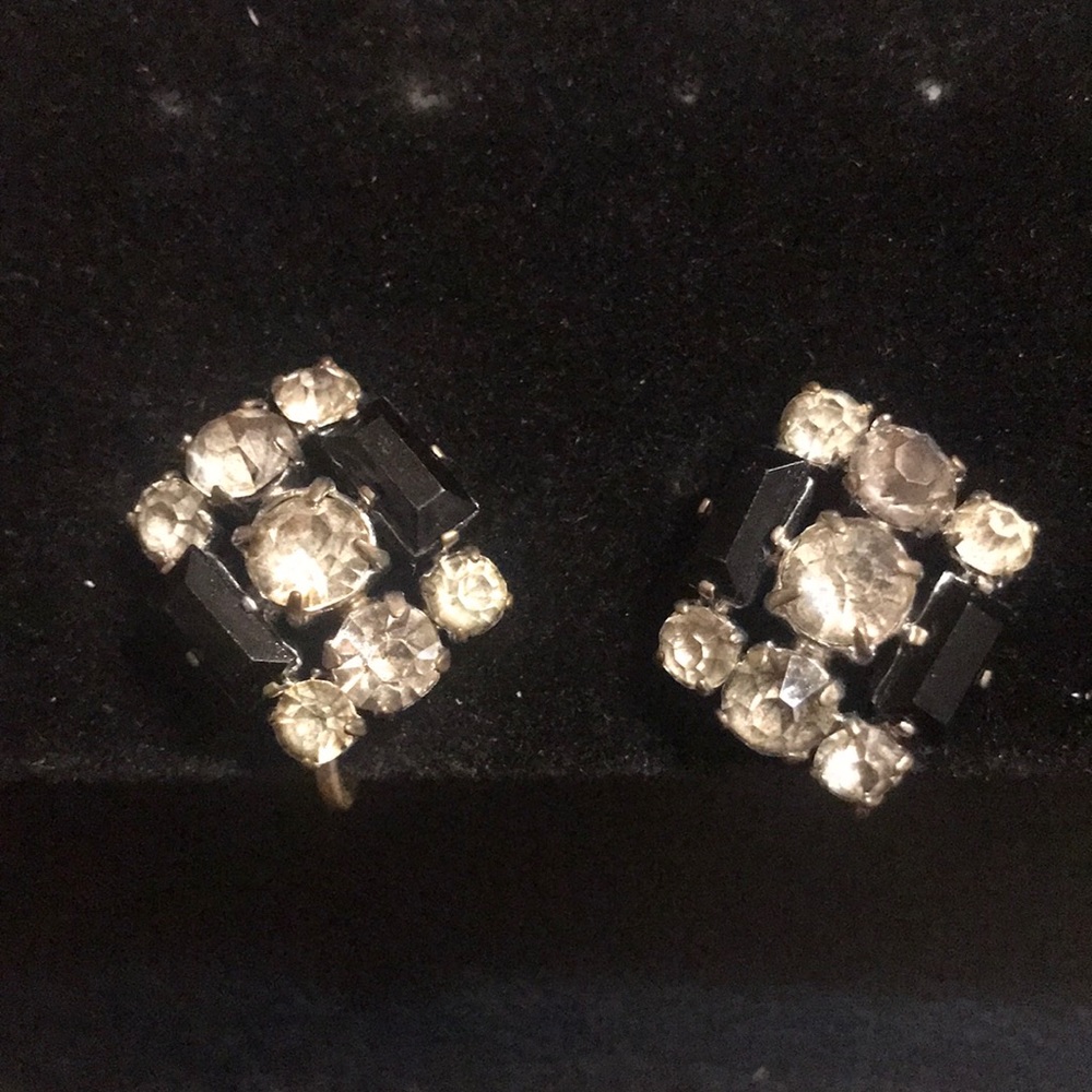 Black & Clear stone earrings signed Czechoslovakia